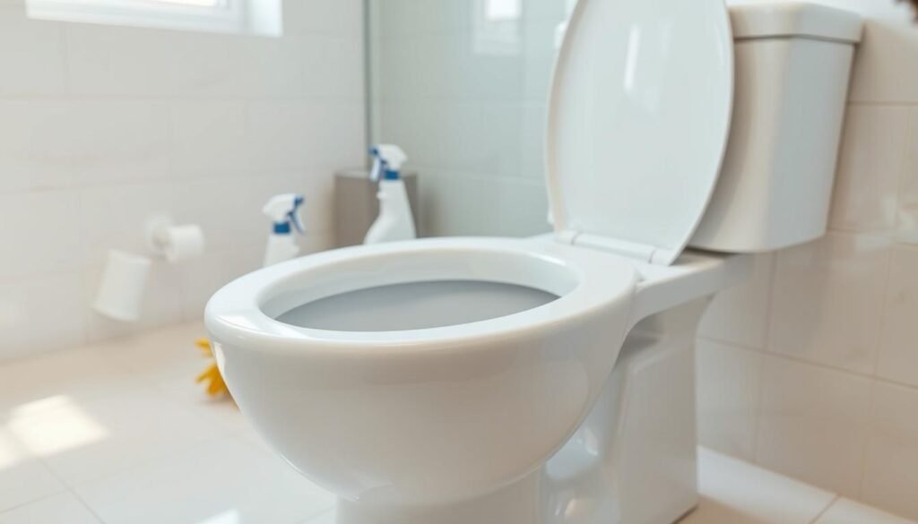 A pristine white toilet bowl prominently placed in the foreground, showcasing its gleaming surface and the intricate design of the rim. Surrounding the toilet, a cleaning set with a toilet brush, disinfectant spray, and a pair of rubber gloves artfully arranged for a deep cleaning scene. In the middle ground, the bathroom is clean and modern, featuring light-colored tiles and a neutral wall color that adds a fresh ambiance. Bright, natural light filters in from a nearby window, enhancing the overall cleanliness and making the space appear inviting. A subtle reflection of the toilet bowl on the tiled floor emphasizes its shine. The mood is serene and organized, perfect for conveying the concept of deep cleaning in a streamlined manner. A pristine white toilet bowl prominently placed in the foreground, showcasing its gleaming surface and the intricate design of the rim. Surrounding the toilet, a cleaning set with a toilet brush, disinfectant spray, and a pair of rubber gloves artfully arranged for a deep cleaning scene. In the middle ground, the bathroom is clean and modern, featuring light-colored tiles and a neutral wall color that adds a fresh ambiance. Bright, natural light filters in from a nearby window, enhancing the overall cleanliness and making the space appear inviting. A subtle reflection of the toilet bowl on the tiled floor emphasizes its shine. The mood is serene and organized, perfect for conveying the concept of deep cleaning in a streamlined manner.