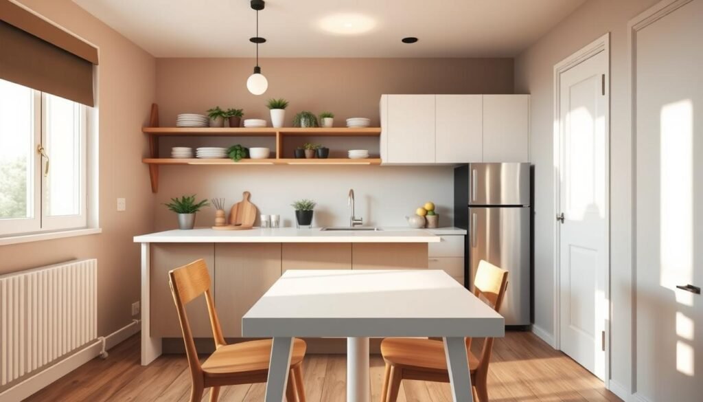 A serene and inviting minimalist apartment kitchen and dining nook, featuring an efficient layout that emphasizes space and comfort. In the foreground, a sleek, white dining table with two wooden chairs sits near a window with soft natural light illuminating the scene. The middle section showcases a compact kitchen with high-quality stainless steel appliances, open shelving displaying clean dishware, and potted herbs for a touch of greenery. The background includes a warm, neutral color palette with subtle earth tones that create a cozy atmosphere. Soft pendant lights hang above the table, casting a warm glow. The room should feel airy and organized, with a harmonious balance between functionality and minimalist decor, capturing the essence of an efficient yet cozy dining space. A serene and inviting minimalist apartment kitchen and dining nook, featuring an efficient layout that emphasizes space and comfort. In the foreground, a sleek, white dining table with two wooden chairs sits near a window with soft natural light illuminating the scene. The middle section showcases a compact kitchen with high-quality stainless steel appliances, open shelving displaying clean dishware, and potted herbs for a touch of greenery. The background includes a warm, neutral color palette with subtle earth tones that create a cozy atmosphere. Soft pendant lights hang above the table, casting a warm glow. The room should feel airy and organized, with a harmonious balance between functionality and minimalist decor, capturing the essence of an efficient yet cozy dining space.