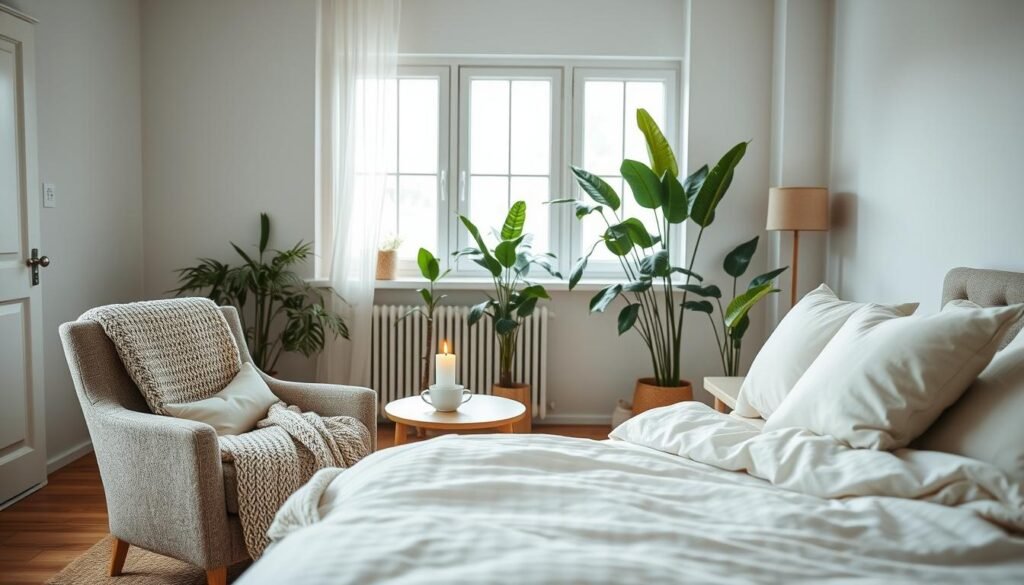 A serene bedroom scene designed for a calming environment, featuring a neatly made bed with soft, neutral-colored linens and fluffy pillows. In the foreground, a cozy armchair with a knitted blanket draped over it invites relaxation. The middle space showcases a small bedside table with a steaming cup of herbal tea and a lit candle, adding a touch of tranquility. In the background, large windows allow soft, natural light to filter in, illuminating indoor plants that enhance the peaceful atmosphere. The room is free of clutter, with minimalist decor and gentle color palettes that evoke a sense of balance and calm. The angle is slightly elevated, capturing the inviting essence of the room while maintaining a warm, welcoming vibe.