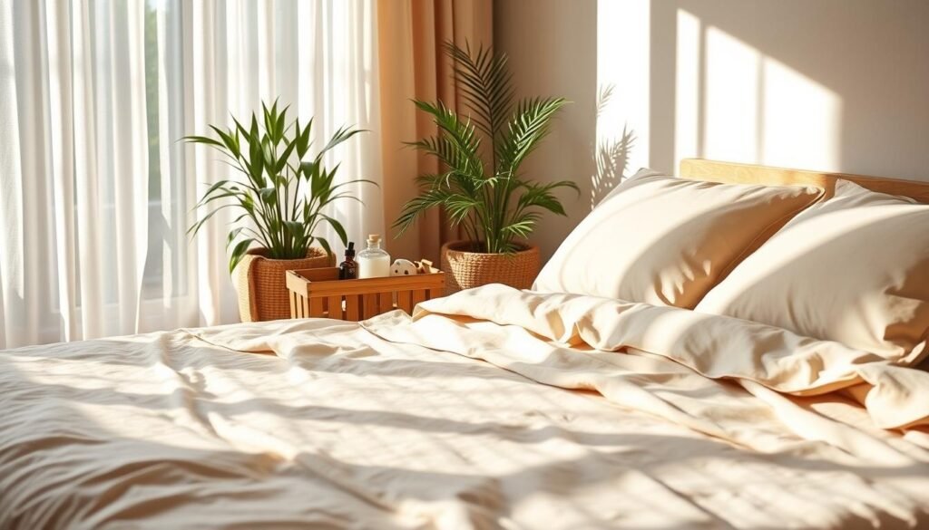 A serene bedroom scene showcasing eco-friendly bedding hygiene tips. In the foreground, an inviting bed is adorned with organic cotton sheets in soft earthy tones, neatly tucked and accented with bamboo pillows. A gentle light filters through sheer curtains, illuminating the space and creating a calming atmosphere. In the middle, a wooden basket holds natural detergent and essential oils, suggesting eco-friendly washing practices. The background features potted plants, emphasizing a connection to nature, while warm, neutral colors enhance the peaceful vibe. Soft shadows cast by the sunlight play across the room, adding depth and warmth. Capture this tranquil setting from a slightly elevated angle to encompass the entire scene, promoting a sense of cleanliness and sustainability.