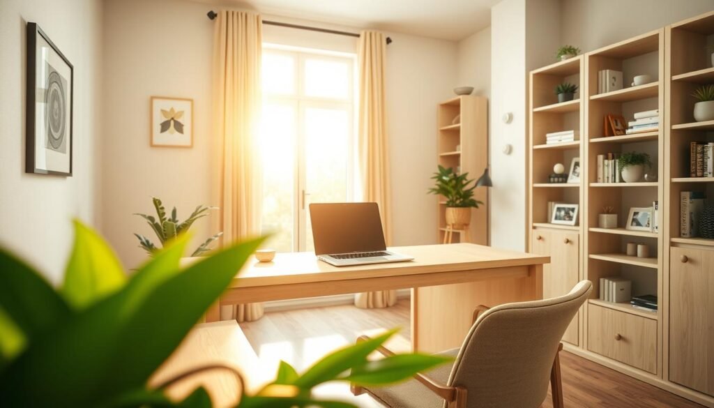A serene home office environment designed for productivity and peace, featuring a light wooden desk with a sleek laptop, surrounded by a few green plants. In the foreground, a comfortable ergonomic chair with soft fabric. The middle section showcases warm, natural light streaming through a large window, illuminating the workspace while casting soft shadows. On the walls, there are subtle art pieces that inspire creativity without being distracting. In the background, neutral-colored book shelves filled with books and decorative items create a cozy atmosphere. The overall mood is tranquil and inviting, suggesting a perfect setting for focused work. The scene captures a wide-angle view with soft, diffused lighting to enhance a calming ambiance.