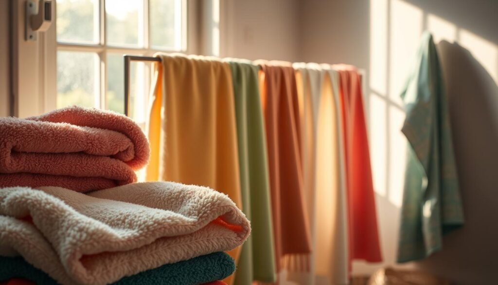 A serene indoor laundry space showcasing towels hanging on a drying rack near a window. In the foreground, vibrant, fluffy towels of various colors are arranged with gentle folds, glistening slightly as they catch the soft, natural light streaming in. The middle ground features the drying rack adorned with towels, illustrating various stages of dampness, while a gentle breeze slightly sways them, emphasizing the impact of humidity on drying. In the background, through the window, a subtly humid climate is depicted, with soft condensation on the glass and a lush green landscape outside, hinting at a warm, moist environment. The lighting is warm and inviting, creating a cozy atmosphere, while the overall composition evokes a sense of comfort and the importance of climate in maintaining towel freshness. A serene indoor laundry space showcasing towels hanging on a drying rack near a window. In the foreground, vibrant, fluffy towels of various colors are arranged with gentle folds, glistening slightly as they catch the soft, natural light streaming in. The middle ground features the drying rack adorned with towels, illustrating various stages of dampness, while a gentle breeze slightly sways them, emphasizing the impact of humidity on drying. In the background, through the window, a subtly humid climate is depicted, with soft condensation on the glass and a lush green landscape outside, hinting at a warm, moist environment. The lighting is warm and inviting, creating a cozy atmosphere, while the overall composition evokes a sense of comfort and the importance of climate in maintaining towel freshness.