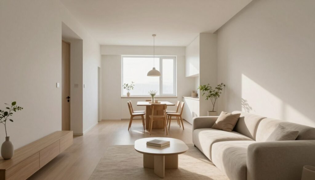 A serene, minimalist apartment interior scene that maximizes space with intelligent storage solutions. In the foreground, a sleek, modular sofa with soft, neutral tones is paired with a small, elegant coffee table. The middle ground features a compact dining area, adorned with a simple yet stylish pendant light hanging from a ceiling with clean lines. The background reveals a brightly lit window, allowing natural light to flood the room, enhancing the feeling of openness. Soft shadows cast by indoor plants add warmth and depth. Use a wide-angle lens to capture the entire space from a low perspective, evoking a tranquil, airy atmosphere, perfect for illustrating smart design choices in small living areas. A serene, minimalist apartment interior scene that maximizes space with intelligent storage solutions. In the foreground, a sleek, modular sofa with soft, neutral tones is paired with a small, elegant coffee table. The middle ground features a compact dining area, adorned with a simple yet stylish pendant light hanging from a ceiling with clean lines. The background reveals a brightly lit window, allowing natural light to flood the room, enhancing the feeling of openness. Soft shadows cast by indoor plants add warmth and depth. Use a wide-angle lens to capture the entire space from a low perspective, evoking a tranquil, airy atmosphere, perfect for illustrating smart design choices in small living areas.