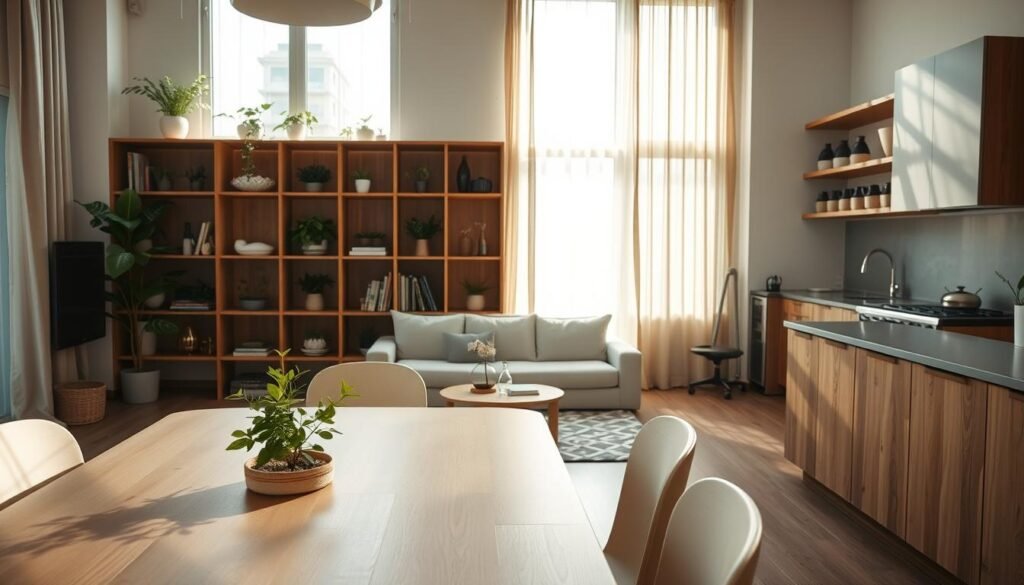 A serene minimalist apartment interior, showcasing sustainable practices. In the foreground, a light wood dining table with a small plant centerpiece, surrounded by simple, elegant chairs. The middle layer features a cozy living area with a soft gray sofa, lined with eco-friendly cushions, and an open bookshelf made from reclaimed wood, filled with greenery and books. Natural light floods the room through large windows with sheer drapes, casting soft shadows across the space. In the background, a sustainable kitchen with bamboo shelves and stainless steel accents, emphasizing a clean, clutter-free aesthetic. The atmosphere is calm and inviting, with a focus on harmony between nature and human habitation, capturing the essence of sustainable minimalist living. A serene minimalist apartment interior, showcasing sustainable practices. In the foreground, a light wood dining table with a small plant centerpiece, surrounded by simple, elegant chairs. The middle layer features a cozy living area with a soft gray sofa, lined with eco-friendly cushions, and an open bookshelf made from reclaimed wood, filled with greenery and books. Natural light floods the room through large windows with sheer drapes, casting soft shadows across the space. In the background, a sustainable kitchen with bamboo shelves and stainless steel accents, emphasizing a clean, clutter-free aesthetic. The atmosphere is calm and inviting, with a focus on harmony between nature and human habitation, capturing the essence of sustainable minimalist living.