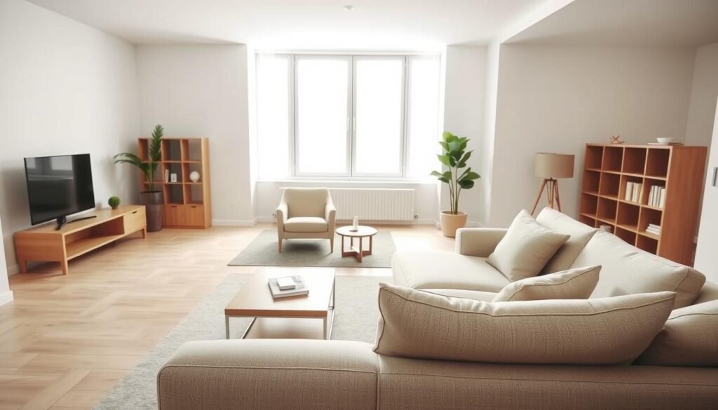A serene, minimalist living space featuring essential furniture pieces. In the foreground, a sleek, low-profile sofa in a soft neutral color, complemented by a simple wooden coffee table with clean lines. The middle ground showcases a stylish armchair, a minimalist bookcase with sparse decor, and a small indoor plant to add a touch of warmth. In the background, a well-lit window allows natural light to fill the room, accentuating the simplicity of the decor. The atmosphere is calm and inviting, with a soft, diffused lighting setup that creates gentle shadows. Use a wide-angle lens to capture the spaciousness of the apartment, emphasizing the harmony between the furniture and the overall minimalist aesthetic. A serene, minimalist living space featuring essential furniture pieces. In the foreground, a sleek, low-profile sofa in a soft neutral color, complemented by a simple wooden coffee table with clean lines. The middle ground showcases a stylish armchair, a minimalist bookcase with sparse decor, and a small indoor plant to add a touch of warmth. In the background, a well-lit window allows natural light to fill the room, accentuating the simplicity of the decor. The atmosphere is calm and inviting, with a soft, diffused lighting setup that creates gentle shadows. Use a wide-angle lens to capture the spaciousness of the apartment, emphasizing the harmony between the furniture and the overall minimalist aesthetic.