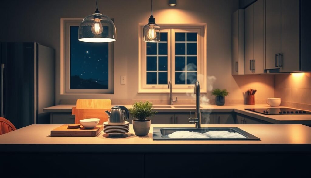 A serene nighttime kitchen scene, depicting a cozy atmosphere. In the foreground, a neatly organized kitchen island holds a wooden cutting board, a steaming kettle, and a few neatly stacked dishes. The middle ground features a sparkling clean sink filled with sudsy dishwater, and a well-placed pot plant adds a touch of greenery. Soft, warm lighting illuminates the room from stylish pendant lights, casting gentle shadows that enhance the calm vibe. The background showcases sleek cabinets and a tidy countertop, with a window revealing a starry night sky outside. This tranquil environment conveys a sense of peace and accomplishment, perfect for illustrating a nightly kitchen reset routine. The overall mood is inviting and organized, with an emphasis on cleanliness and order. A serene nighttime kitchen scene, depicting a cozy atmosphere. In the foreground, a neatly organized kitchen island holds a wooden cutting board, a steaming kettle, and a few neatly stacked dishes. The middle ground features a sparkling clean sink filled with sudsy dishwater, and a well-placed pot plant adds a touch of greenery. Soft, warm lighting illuminates the room from stylish pendant lights, casting gentle shadows that enhance the calm vibe. The background showcases sleek cabinets and a tidy countertop, with a window revealing a starry night sky outside. This tranquil environment conveys a sense of peace and accomplishment, perfect for illustrating a nightly kitchen reset routine. The overall mood is inviting and organized, with an emphasis on cleanliness and order.