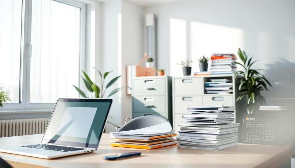 A serene office workspace filled with neatly organized digital tools and paperwork. In the foreground, a well-arranged desk showcases a laptop with a clear screen, a minimalist calendar, and colorful folders neatly stacked. The middle layer features a stylish, modern filing cabinet, and a few potted plants adding a touch of greenery for a calming atmosphere. In the background, a large window allows natural light to flood the room, casting soft shadows and enhancing the sense of serenity. A soft focus on the edges provides a dreamy effect, while the overall color palette includes soft blues and whites, promoting a feeling of tranquility and organization. The mood is calm, inspiring productivity and focus, perfect for tackling the challenge of digital clutter and paperwork. A serene office workspace filled with neatly organized digital tools and paperwork. In the foreground, a well-arranged desk showcases a laptop with a clear screen, a minimalist calendar, and colorful folders neatly stacked. The middle layer features a stylish, modern filing cabinet, and a few potted plants adding a touch of greenery for a calming atmosphere. In the background, a large window allows natural light to flood the room, casting soft shadows and enhancing the sense of serenity. A soft focus on the edges provides a dreamy effect, while the overall color palette includes soft blues and whites, promoting a feeling of tranquility and organization. The mood is calm, inspiring productivity and focus, perfect for tackling the challenge of digital clutter and paperwork.