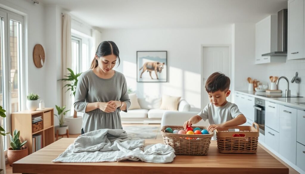 A serene, organized home interior depiction showcasing a family engaging in a weekly reset routine. In the foreground, a woman in modest casual clothing is folding clothes neatly on a table, while a child is placing toys into a basket, both with focused expressions. The middle ground features a tidy living room with a well-organized bookshelf, potted plants, and a cozy couch. The background reveals a spotless kitchen with sparkling countertops and neatly arranged utensils. Soft, natural light pours through large windows, giving the scene a warm and inviting atmosphere. The overall mood is calm and productive, emphasizing a sense of harmony and order in the home. The angle is slightly elevated to capture the entire room, creating a sense of depth and spaciousness.