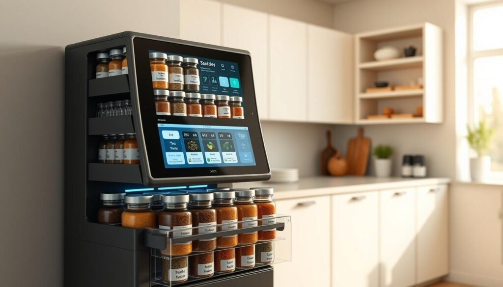 A sleek and modern spice rack design featuring a digital display and automated storage trays for easy access. In the foreground, showcase a well-organized spice rack with labeled jars, some with transparent sections to see the contents. The middle layer includes a high-tech touch interface allowing users to select spices via a touchscreen, complemented by ambient LED lighting that highlights each jar. In the background, a minimalist kitchen setting with light-colored cabinetry and a clean counter, bathed in soft, natural light from a nearby window, creating a warm atmosphere. The overall mood is efficient and contemporary, blending functionality with cutting-edge technology. Capture the scene from a slightly elevated angle for a comprehensive view. A sleek and modern spice rack design featuring a digital display and automated storage trays for easy access. In the foreground, showcase a well-organized spice rack with labeled jars, some with transparent sections to see the contents. The middle layer includes a high-tech touch interface allowing users to select spices via a touchscreen, complemented by ambient LED lighting that highlights each jar. In the background, a minimalist kitchen setting with light-colored cabinetry and a clean counter, bathed in soft, natural light from a nearby window, creating a warm atmosphere. The overall mood is efficient and contemporary, blending functionality with cutting-edge technology. Capture the scene from a slightly elevated angle for a comprehensive view.