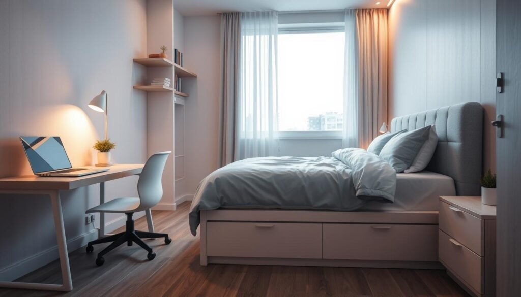 A small bedroom layout featuring a clever use of technology for space-saving. In the foreground, a modern bed with built-in storage underneath, neatly made with minimalist bedding. To the left, a compact desk with a sleek laptop and a small potted plant, showcasing a functional work area. In the middle, a floating shelf displays books and decor above the bed, maximizing vertical space. The background includes a large window allowing natural light to flood the room, dressed with light, airy curtains. Soft, warm lighting creates a cozy atmosphere. The color palette features soft blues and whites, enhancing the feeling of openness. The scene is viewed at a slight angle, giving depth and inviting the viewer to imagine themselves in the space. No people are present in the image.