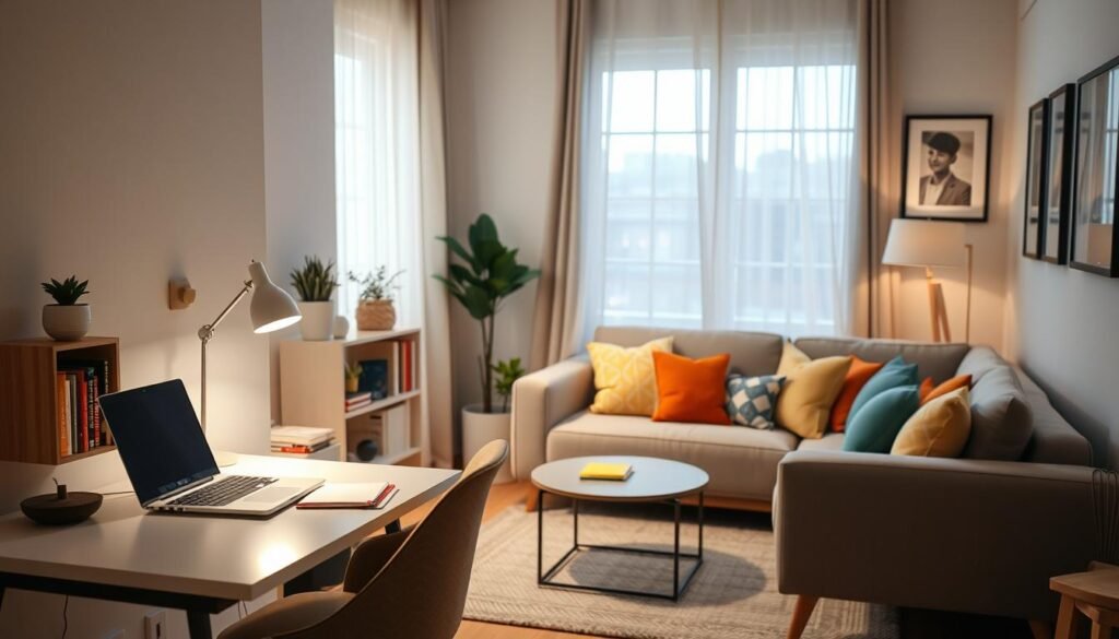 A small home office integrated into a cozy living room setting, featuring a compact desk with a laptop, notepad, and a stylish desk lamp. In the foreground, a comfortable chair complements the desk, while a small bookshelf filled with books and plants adds character. The middle ground showcases a modern sofa adorned with colorful cushions, blending functionality and comfort. The background has soft, neutral-colored walls with framed artwork, illuminated by natural light streaming in through a large window adorned with sheer curtains. The scene captures a warm and inviting atmosphere, perfect for productivity. The overall mood is tranquil yet focused, showcasing efficient lighting for workspace considerations. A small home office integrated into a cozy living room setting, featuring a compact desk with a laptop, notepad, and a stylish desk lamp. In the foreground, a comfortable chair complements the desk, while a small bookshelf filled with books and plants adds character. The middle ground showcases a modern sofa adorned with colorful cushions, blending functionality and comfort. The background has soft, neutral-colored walls with framed artwork, illuminated by natural light streaming in through a large window adorned with sheer curtains. The scene captures a warm and inviting atmosphere, perfect for productivity. The overall mood is tranquil yet focused, showcasing efficient lighting for workspace considerations.