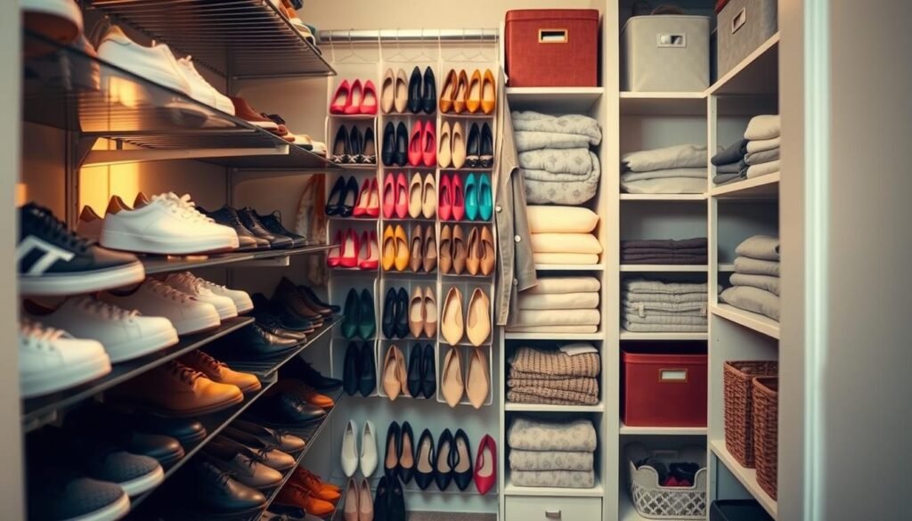 A small, impeccably organized closet with a focus on footwear. In the foreground, neatly arranged pairs of shoes on multi-tiered shelves, showcasing a variety of styles: sleek sneakers, elegant heels, and casual flats. The middle ground features hanging shoe organizers filled with colorful shoes, bathed in warm, natural light that highlights their textures. The background reveals a portion of the closet with neatly folded clothing and decorative bins, maintaining a tidy and spacious feel. A soft-focus effect creates depth, emphasizing the organized chaos of a small space transformed into an efficient storage solution. The atmosphere is calm and inviting, perfect for a clutter-free home. A small, impeccably organized closet with a focus on footwear. In the foreground, neatly arranged pairs of shoes on multi-tiered shelves, showcasing a variety of styles: sleek sneakers, elegant heels, and casual flats. The middle ground features hanging shoe organizers filled with colorful shoes, bathed in warm, natural light that highlights their textures. The background reveals a portion of the closet with neatly folded clothing and decorative bins, maintaining a tidy and spacious feel. A soft-focus effect creates depth, emphasizing the organized chaos of a small space transformed into an efficient storage solution. The atmosphere is calm and inviting, perfect for a clutter-free home.