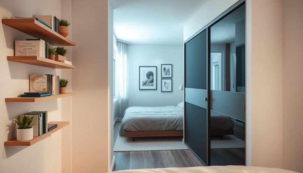 A small, modern bedroom featuring innovative vertical storage solutions, showcasing a wall-mounted shelf filled with neatly arranged books and decorative plants in the foreground. Adjacent, a tall, slender wardrobe with stylish sliding doors reflects a minimalist design, maximizing space while adding to the cozy ambiance. In the middle, a compact bed with minimalistic bedding is positioned near a window that allows soft, natural light to flood the room, enhancing the sense of openness. The background includes a light-colored wall adorned with framed artwork, evoking a feeling of sophistication and warmth. The atmosphere is inviting and contemporary, spotlighting efficient use of space in a small bedroom setting. Shot with a wide-angle lens, the scene conveys a serene and stylish vibe, perfect for showcasing practical storage solutions. A small, modern bedroom featuring innovative vertical storage solutions, showcasing a wall-mounted shelf filled with neatly arranged books and decorative plants in the foreground. Adjacent, a tall, slender wardrobe with stylish sliding doors reflects a minimalist design, maximizing space while adding to the cozy ambiance. In the middle, a compact bed with minimalistic bedding is positioned near a window that allows soft, natural light to flood the room, enhancing the sense of openness. The background includes a light-colored wall adorned with framed artwork, evoking a feeling of sophistication and warmth. The atmosphere is inviting and contemporary, spotlighting efficient use of space in a small bedroom setting. Shot with a wide-angle lens, the scene conveys a serene and stylish vibe, perfect for showcasing practical storage solutions.