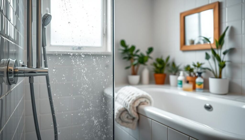 A sparkling clean shower stall filled with glistening tiles and chrome fixtures, foreground showcasing a handheld showerhead spraying fine droplets of water. In the middle ground, a white bathtub with a plush, rolled towel resting on its edge, next to an arrangement of eco-friendly cleaning products. Soft, warm lighting streams in from a frosted window, illuminating the space and highlighting the fresh scents of lemon and eucalyptus. The background features a soothing, minimalist bathroom decor with potted plants adding a touch of greenery. The overall atmosphere is refreshing and inviting, conveying the ease of maintaining a spotless bathroom. A sparkling clean shower stall filled with glistening tiles and chrome fixtures, foreground showcasing a handheld showerhead spraying fine droplets of water. In the middle ground, a white bathtub with a plush, rolled towel resting on its edge, next to an arrangement of eco-friendly cleaning products. Soft, warm lighting streams in from a frosted window, illuminating the space and highlighting the fresh scents of lemon and eucalyptus. The background features a soothing, minimalist bathroom decor with potted plants adding a touch of greenery. The overall atmosphere is refreshing and inviting, conveying the ease of maintaining a spotless bathroom.