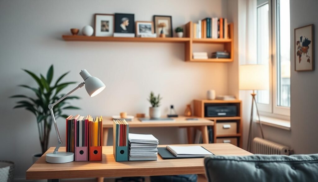 A stylish and efficient desk setup for small living spaces, prominently featuring a compact desk made of light wood, neatly organized with stationery and paperwork solutions. In the foreground, there are colorful file organizers and a modern desk lamp casting warm light, enhancing a cozy atmosphere. The middle section showcases the desk, positioned against a wall with floating shelves that display books and decorative items, contributing to a well-curated look. In the background, a small plant adds a touch of greenery, while a softly lit window provides natural daylight, creating an inviting and productive workspace. Use a warm, soft focus with a slightly elevated angle to emphasize the organized desk area and the overall inviting vibe of the small living room environment. A stylish and efficient desk setup for small living spaces, prominently featuring a compact desk made of light wood, neatly organized with stationery and paperwork solutions. In the foreground, there are colorful file organizers and a modern desk lamp casting warm light, enhancing a cozy atmosphere. The middle section showcases the desk, positioned against a wall with floating shelves that display books and decorative items, contributing to a well-curated look. In the background, a small plant adds a touch of greenery, while a softly lit window provides natural daylight, creating an inviting and productive workspace. Use a warm, soft focus with a slightly elevated angle to emphasize the organized desk area and the overall inviting vibe of the small living room environment.