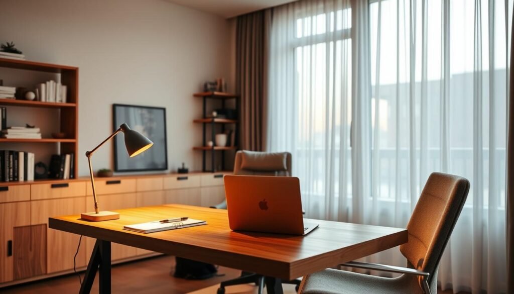 A stylish apartment office featuring clever lighting solutions for a modern workspace. In the foreground, a sleek wooden desk with a minimalist design, adorned with a contemporary desk lamp casting a warm, ambient glow. A laptop and elegant stationery are neatly arranged. In the middle, a comfortable ergonomic chair with soft fabric, accented by a small greenery plant. The backdrop showcases large windows allowing natural light to flow in, with sheer curtains diffusing the light softly. Wall-mounted shelves display curated books and art, enhancing the sophisticated atmosphere. The overall mood is serene yet inspiring, with an inviting color palette of muted tones and soft lighting to create a productive and cozy ambiance. The scene is captured with a slightly elevated angle to emphasize depth and space.