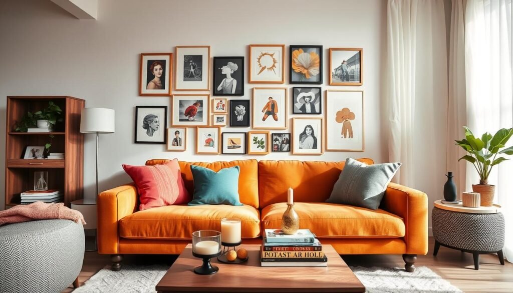 A stylish budget-friendly apartment interior showcasing a curated gallery wall. In the foreground, a cozy sofa in a warm neutral color, adorned with colorful throw pillows and a small coffee table featuring a few budget-friendly decor items like candles and books. In the middle, an artful gallery wall boasts a mix of framed prints, DIY art pieces, and personal photographs arranged in an asymmetrical style, creating a vibrant focal point. The background includes soft curtains allowing natural light to flood the space, further enhancing the inviting atmosphere. The scene is captured at eye level with a wide-angle lens to emphasize the decor's visual harmony. The mood is warm, welcoming, and contemporary, reflecting a sophisticated yet accessible aesthetic.