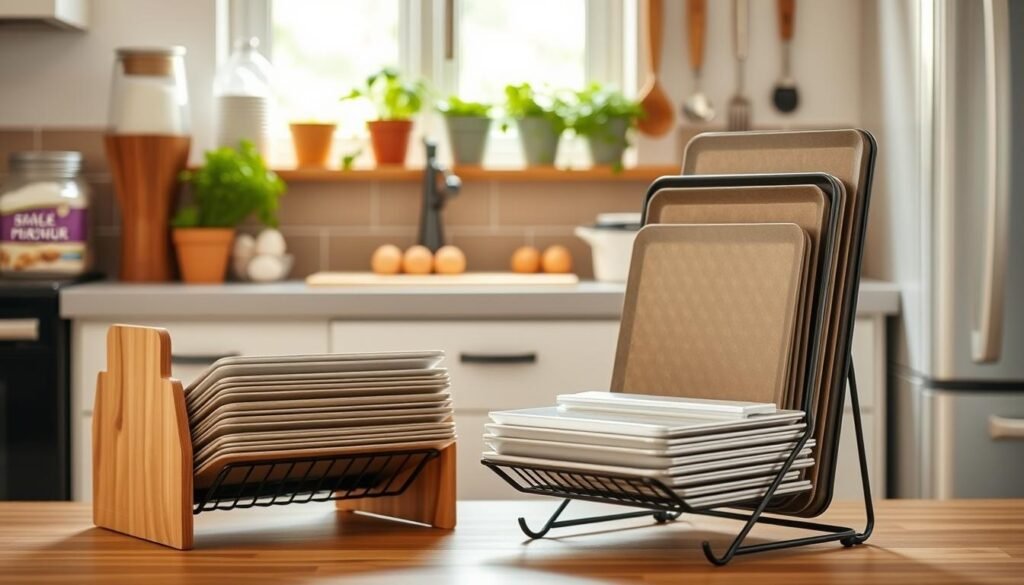 A stylish kitchen setting featuring a DIY baking sheet holder made from wood and metal. In the foreground, a neat, wooden baking sheet holder stands upright, showcasing multiple baking sheets arranged in an organized manner. The middle features a small countertop adorned with baking essentials like flour, eggs, and measuring cups. In the background, soft, natural light streams in through a window, illuminating potted herbs and hanging utensils, creating a warm and inviting atmosphere. The kitchen is cozy and functional, reflecting a budget-conscious vibe. Emphasize the textures of the wood and metal, and capture the overall essence of clever storage solutions for a small kitchen. No text or overlays are included. A stylish kitchen setting featuring a DIY baking sheet holder made from wood and metal. In the foreground, a neat, wooden baking sheet holder stands upright, showcasing multiple baking sheets arranged in an organized manner. The middle features a small countertop adorned with baking essentials like flour, eggs, and measuring cups. In the background, soft, natural light streams in through a window, illuminating potted herbs and hanging utensils, creating a warm and inviting atmosphere. The kitchen is cozy and functional, reflecting a budget-conscious vibe. Emphasize the textures of the wood and metal, and capture the overall essence of clever storage solutions for a small kitchen. No text or overlays are included.