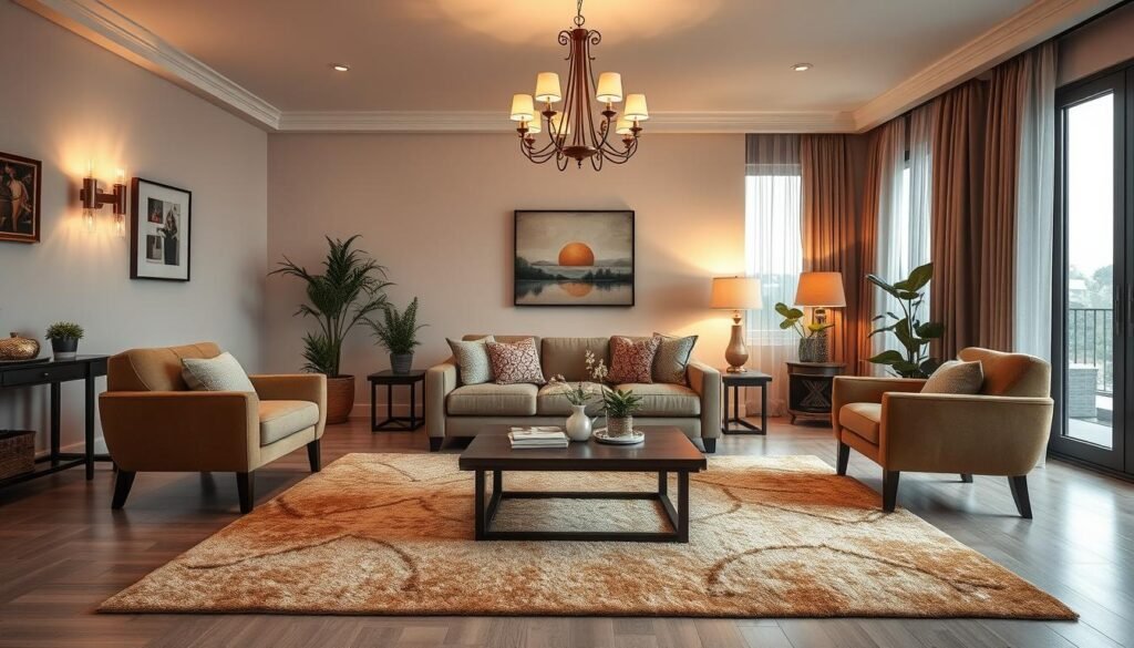 A stylish living room with a thoughtful furniture layout, showcasing a cozy arrangement of a sofa, armchairs, and a coffee table at the center. The foreground features a plush area rug with warm tones, enhancing comfort. In the middle ground, there are decorative elements like houseplants and art pieces on the walls, adding character and personality to the space. Ambient lighting from elegant wall sconces and a centrally placed chandelier casts a soft glow, creating a welcoming atmosphere. The background reveals a large window with sheer curtains allowing natural light to filter in, providing a serene outdoor view. The composition captures a harmonious balance of functionality and aesthetics, ideal for a home setting, evoking warmth and tranquility. A stylish living room with a thoughtful furniture layout, showcasing a cozy arrangement of a sofa, armchairs, and a coffee table at the center. The foreground features a plush area rug with warm tones, enhancing comfort. In the middle ground, there are decorative elements like houseplants and art pieces on the walls, adding character and personality to the space. Ambient lighting from elegant wall sconces and a centrally placed chandelier casts a soft glow, creating a welcoming atmosphere. The background reveals a large window with sheer curtains allowing natural light to filter in, providing a serene outdoor view. The composition captures a harmonious balance of functionality and aesthetics, ideal for a home setting, evoking warmth and tranquility.