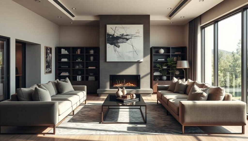 A stylish long narrow living room featuring a prominent focal point created by a striking modern fireplace surrounded by elegant furniture. In the foreground, plush sofas in muted tones face each other, complemented by a central coffee table adorned with contemporary decor. In the middle, a sleek bookshelf filled with decorative objects and plants adds interest, while a large piece of abstract art is displayed above the fireplace, drawing the eye. The background showcases large windows allowing soft, natural light to fill the space, enhancing a warm and inviting atmosphere. The scene is captured with a wide-angle lens, emphasizing the room’s length and layout, while soft shadows create depth and dimension, conveying a sense of comfort and style. A stylish long narrow living room featuring a prominent focal point created by a striking modern fireplace surrounded by elegant furniture. In the foreground, plush sofas in muted tones face each other, complemented by a central coffee table adorned with contemporary decor. In the middle, a sleek bookshelf filled with decorative objects and plants adds interest, while a large piece of abstract art is displayed above the fireplace, drawing the eye. The background showcases large windows allowing soft, natural light to fill the space, enhancing a warm and inviting atmosphere. The scene is captured with a wide-angle lens, emphasizing the room’s length and layout, while soft shadows create depth and dimension, conveying a sense of comfort and style.