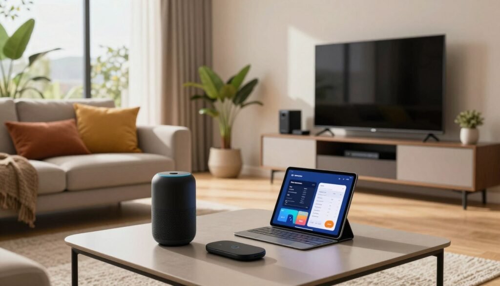 A stylish modern apartment living room filled with essential electronics for contemporary living. In the foreground, a sleek, minimalist coffee table holds a high-end smart speaker, a compact wireless charging pad, and a tablet showcasing a smart home app. The middle ground features a comfortable sofa with vibrant throw pillows, next to a stylish entertainment center displaying a large flat-screen TV and an array of streaming devices. In the background, large windows bathe the room in warm, natural light, highlighting indoor plants for a cozy atmosphere. The scene is captured with a wide-angle lens, showcasing a spacious, inviting feel. The mood is modern and tech-savvy, ideal for new renters looking to create a functional and stylish living space. A stylish modern apartment living room filled with essential electronics for contemporary living. In the foreground, a sleek, minimalist coffee table holds a high-end smart speaker, a compact wireless charging pad, and a tablet showcasing a smart home app. The middle ground features a comfortable sofa with vibrant throw pillows, next to a stylish entertainment center displaying a large flat-screen TV and an array of streaming devices. In the background, large windows bathe the room in warm, natural light, highlighting indoor plants for a cozy atmosphere. The scene is captured with a wide-angle lens, showcasing a spacious, inviting feel. The mood is modern and tech-savvy, ideal for new renters looking to create a functional and stylish living space.