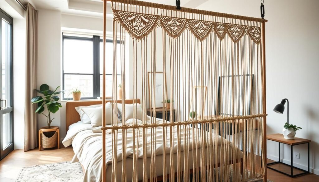 A stylish, modern studio apartment featuring creative bed divider ideas utilizing hanging room dividers and macramé. In the foreground, a beautifully designed macramé partition separates the sleeping area from the living space, with intricate patterns and natural textures. The middle ground showcases a cozy bed with plush bedding in neutral tones, complemented by a chic nightstand. In the background, bright, airy windows allow soft, natural light to fill the room, highlighting minimalist decor, such as a small potted plant and contemporary artwork. The atmosphere is inviting and serene, perfect for a creative living environment. Use a wide-angle lens perspective, capturing the spaciousness of the studio while emphasizing the harmony between functionality and aesthetics. A stylish, modern studio apartment featuring creative bed divider ideas utilizing hanging room dividers and macramé. In the foreground, a beautifully designed macramé partition separates the sleeping area from the living space, with intricate patterns and natural textures. The middle ground showcases a cozy bed with plush bedding in neutral tones, complemented by a chic nightstand. In the background, bright, airy windows allow soft, natural light to fill the room, highlighting minimalist decor, such as a small potted plant and contemporary artwork. The atmosphere is inviting and serene, perfect for a creative living environment. Use a wide-angle lens perspective, capturing the spaciousness of the studio while emphasizing the harmony between functionality and aesthetics.