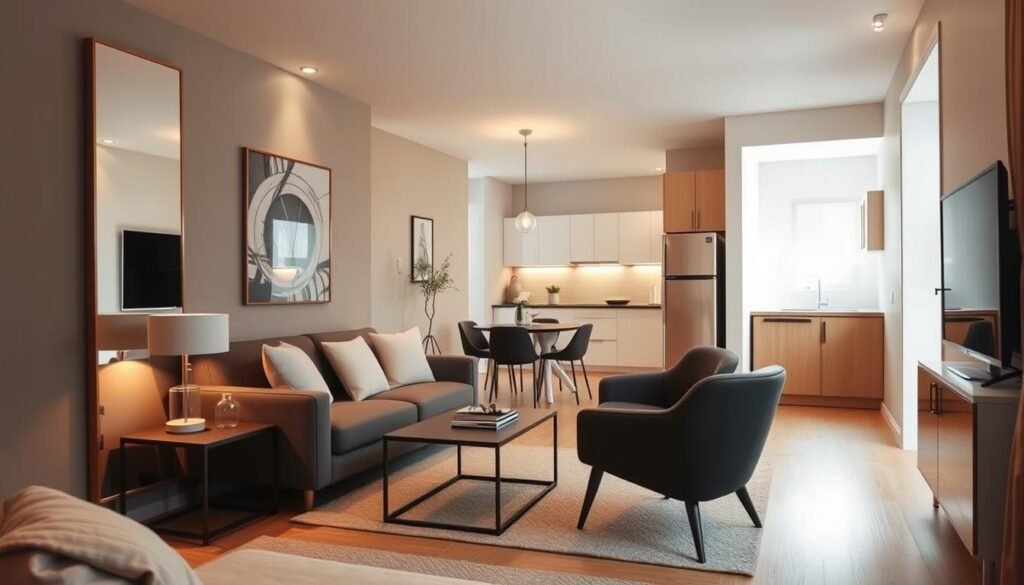 A stylish small apartment interior, showcasing an efficient arrangement of furniture that maximizes space. In the foreground, a cozy living area features a compact sofa, a modern coffee table, and a sleek armchair, all oriented towards a well-placed mirror that reflects light, enhancing the sense of openness. The middle section includes a dining area elegantly set up with a small table and chairs, adorned with soft lighting from an overhead fixture. The background is a minimalist kitchen visible through an open layout, with natural light streaming in from a window, creating a bright and airy atmosphere. The overall mood is warm and inviting, perfect for illustrating the concept of space enhancement using lighting and mirrors. The scene is captured from a slightly elevated angle, with soft focus on the edges for depth. A stylish small apartment interior, showcasing an efficient arrangement of furniture that maximizes space. In the foreground, a cozy living area features a compact sofa, a modern coffee table, and a sleek armchair, all oriented towards a well-placed mirror that reflects light, enhancing the sense of openness. The middle section includes a dining area elegantly set up with a small table and chairs, adorned with soft lighting from an overhead fixture. The background is a minimalist kitchen visible through an open layout, with natural light streaming in from a window, creating a bright and airy atmosphere. The overall mood is warm and inviting, perfect for illustrating the concept of space enhancement using lighting and mirrors. The scene is captured from a slightly elevated angle, with soft focus on the edges for depth.