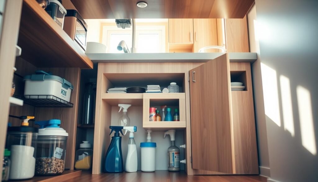 A stylish small apartment under-sink area featuring clever storage solutions that creatively manage plumbing obstructions. In the foreground, various organized containers and shelves showcase essential cleaning supplies neatly stored, utilizing vertical space and modular designs. The middle section highlights a unique, custom-built cabinet with cutouts around the plumbing, crafted from light wood, providing both practicality and aesthetic appeal. The background reveals a bright, cheerful kitchen atmosphere, with soft, natural lighting pouring in from a nearby window, casting gentle shadows to enhance depth. The camera angle is slightly tilted upward to capture both the under-sink area and the vibrant kitchen space above, promoting a sense of openness and creativity in small living solutions. The overall mood is inviting, organized, and innovative, embodying the essence of efficient apartment living. A stylish small apartment under-sink area featuring clever storage solutions that creatively manage plumbing obstructions. In the foreground, various organized containers and shelves showcase essential cleaning supplies neatly stored, utilizing vertical space and modular designs. The middle section highlights a unique, custom-built cabinet with cutouts around the plumbing, crafted from light wood, providing both practicality and aesthetic appeal. The background reveals a bright, cheerful kitchen atmosphere, with soft, natural lighting pouring in from a nearby window, casting gentle shadows to enhance depth. The camera angle is slightly tilted upward to capture both the under-sink area and the vibrant kitchen space above, promoting a sense of openness and creativity in small living solutions. The overall mood is inviting, organized, and innovative, embodying the essence of efficient apartment living.