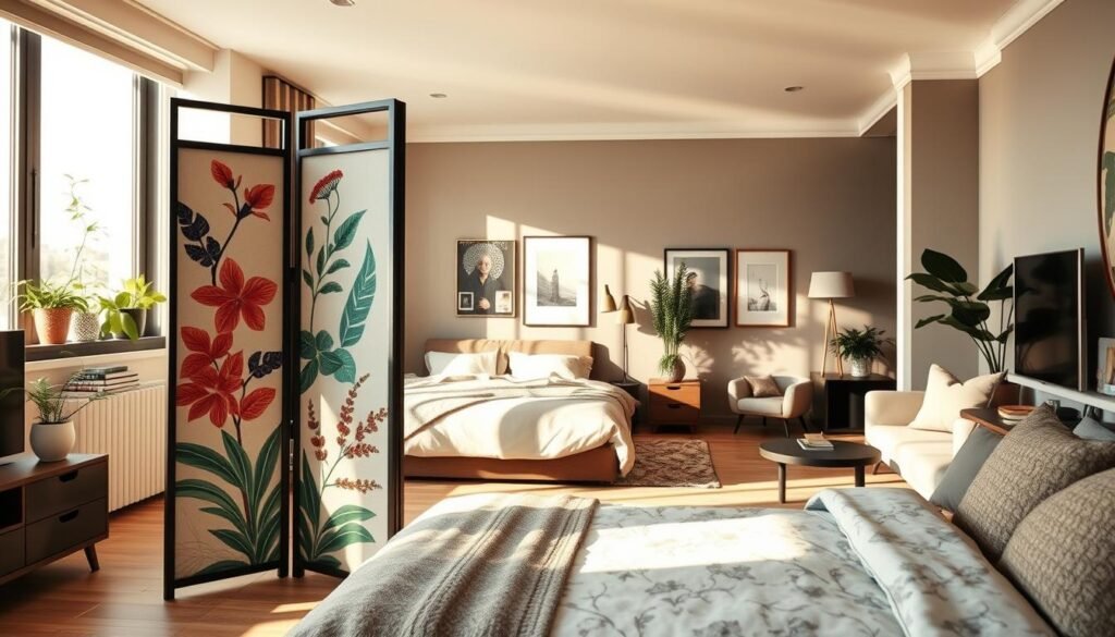 A stylish studio apartment featuring innovative folding screens as room dividers. In the foreground, a beautifully designed folding screen with a nature-inspired motif, showcasing vibrant colors and intricate patterns. The middle ground highlights a cozy sleeping area, elegantly separated from a functional living space, complete with modern furniture and soft textiles. In the background, large windows allow natural light to flood the scene, casting warm shadows that enhance the inviting atmosphere. The room is impeccably styled with plants and art, creating a harmonious blend of comfort and creativity. The mood is serene and inspiring, capturing the essence of a well-organized and aesthetically pleasing living space. The angle of the shot is slightly elevated, providing a comprehensive view of the room's layout and decor while ensuring a clutter-free composition. A stylish studio apartment featuring innovative folding screens as room dividers. In the foreground, a beautifully designed folding screen with a nature-inspired motif, showcasing vibrant colors and intricate patterns. The middle ground highlights a cozy sleeping area, elegantly separated from a functional living space, complete with modern furniture and soft textiles. In the background, large windows allow natural light to flood the scene, casting warm shadows that enhance the inviting atmosphere. The room is impeccably styled with plants and art, creating a harmonious blend of comfort and creativity. The mood is serene and inspiring, capturing the essence of a well-organized and aesthetically pleasing living space. The angle of the shot is slightly elevated, providing a comprehensive view of the room's layout and decor while ensuring a clutter-free composition.