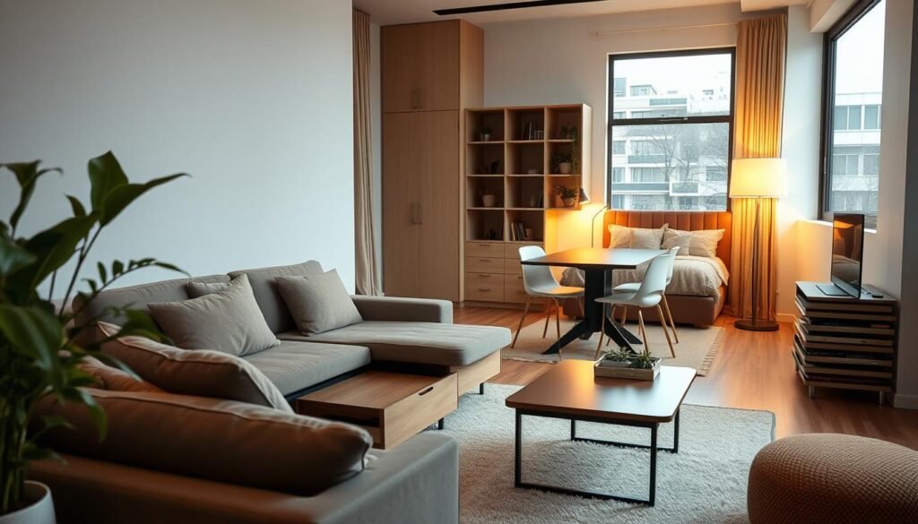 A stylish studio apartment showcasing multifunctional furniture tailored for small spaces. In the foreground, a compact sofa bed with soft cushions, positioned next to a sleek coffee table that has built-in storage. The middle ground features a stylish dining area with a transforming table and stackable chairs, all surrounded by a vibrant indoor plant. The background showcases a cozy sleeping nook with a minimalist shelving unit separating it from the living area, adorned with warm lighting from a modern floor lamp casting a gentle glow. The atmosphere is inviting and contemporary, emphasizing clever space utilization and comfort, shot with a soft-focus lens to enhance the cozy and functional feel of the space, with natural light streaming in through large windows. A stylish studio apartment showcasing multifunctional furniture tailored for small spaces. In the foreground, a compact sofa bed with soft cushions, positioned next to a sleek coffee table that has built-in storage. The middle ground features a stylish dining area with a transforming table and stackable chairs, all surrounded by a vibrant indoor plant. The background showcases a cozy sleeping nook with a minimalist shelving unit separating it from the living area, adorned with warm lighting from a modern floor lamp casting a gentle glow. The atmosphere is inviting and contemporary, emphasizing clever space utilization and comfort, shot with a soft-focus lens to enhance the cozy and functional feel of the space, with natural light streaming in through large windows.