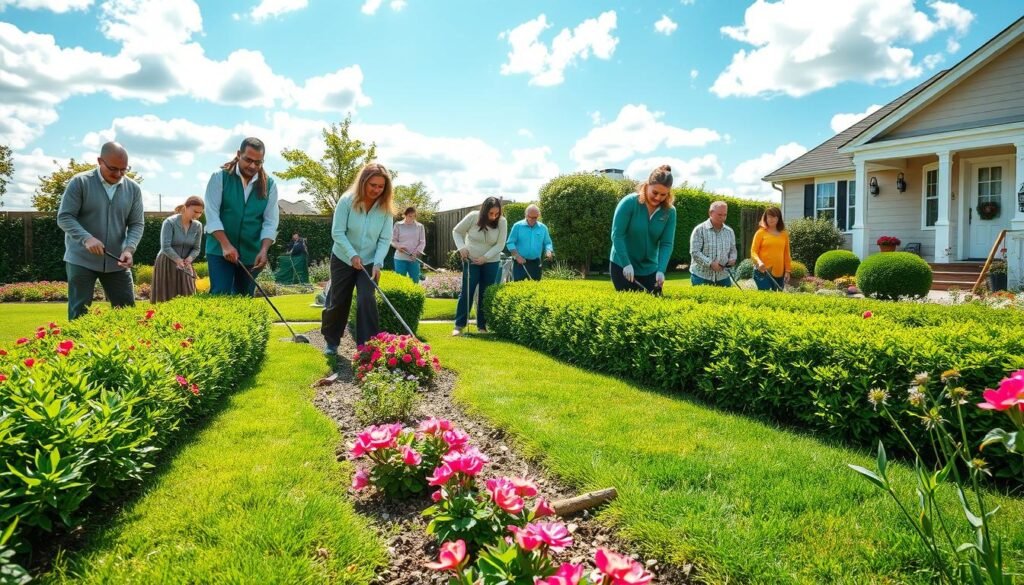A vibrant garden scene depicting monthly lawn and garden maintenance tasks. In the foreground, a diverse group of individuals dressed in professional, modest clothing, is actively tending to a lush green lawn, carefully trimming hedges, and planting colorful flowers. They are focused and engaged, showcasing teamwork. The middle ground features well-maintained flower beds bursting with blooms, neatly arranged paths, and a variety of garden tools scattered around. In the background, a bright blue sky is dotted with fluffy white clouds, and a charming house with a well-kept façade can be seen. The overall lighting is warm and inviting, creating a friendly and productive atmosphere, captured from a slightly elevated angle to encompass both the maintenance work and the beauty of the garden.