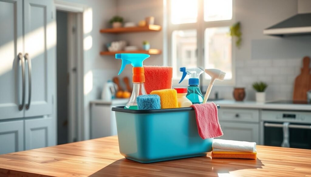A visually appealing cleaning caddy sits prominently in the foreground, showcasing an organized array of cleaning supplies: eco-friendly bottles, microfiber cloths, sponges, and scrub brushes. The caddy is placed on a stylish wooden kitchen countertop, highlighting a clean, modern kitchen environment in the middle ground. In the background, sunlight streams in through a window, casting soft shadows and illuminating an inviting, tidy living space. The atmosphere is fresh and energetic, suggesting a sense of daily routine and effectiveness. The lighting is warm and natural, evoking a cheerful ambiance. The angle captures the caddy slightly from above, emphasizing its contents while maintaining a clear focus on the overall cleanliness of the space. A visually appealing cleaning caddy sits prominently in the foreground, showcasing an organized array of cleaning supplies: eco-friendly bottles, microfiber cloths, sponges, and scrub brushes. The caddy is placed on a stylish wooden kitchen countertop, highlighting a clean, modern kitchen environment in the middle ground. In the background, sunlight streams in through a window, casting soft shadows and illuminating an inviting, tidy living space. The atmosphere is fresh and energetic, suggesting a sense of daily routine and effectiveness. The lighting is warm and natural, evoking a cheerful ambiance. The angle captures the caddy slightly from above, emphasizing its contents while maintaining a clear focus on the overall cleanliness of the space.