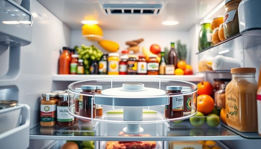 A visually appealing fridge shelf organizer designed to maximize space, featuring a sleek, rotating Lazy Susan turntable in the center. In the foreground, the turntable is filled with neatly arranged jars of spices, sauces, and condiments, showcasing vibrant colors and labels. The middle section includes a clear view of various food items organized around the turntable, such as fruits, vegetables, and dairy products, all harmoniously arranged for easy access. The background captures the interior of a bright, modern refrigerator with LED lighting illuminating the contents, creating a clean and fresh feel. The angle is slightly angled downwards, providing a clear overview of the turntable’s effectiveness in enhancing fridge organization. The atmosphere is organized and inviting, encouraging users to adopt efficient storage solutions. A visually appealing fridge shelf organizer designed to maximize space, featuring a sleek, rotating Lazy Susan turntable in the center. In the foreground, the turntable is filled with neatly arranged jars of spices, sauces, and condiments, showcasing vibrant colors and labels. The middle section includes a clear view of various food items organized around the turntable, such as fruits, vegetables, and dairy products, all harmoniously arranged for easy access. The background captures the interior of a bright, modern refrigerator with LED lighting illuminating the contents, creating a clean and fresh feel. The angle is slightly angled downwards, providing a clear overview of the turntable’s effectiveness in enhancing fridge organization. The atmosphere is organized and inviting, encouraging users to adopt efficient storage solutions.
