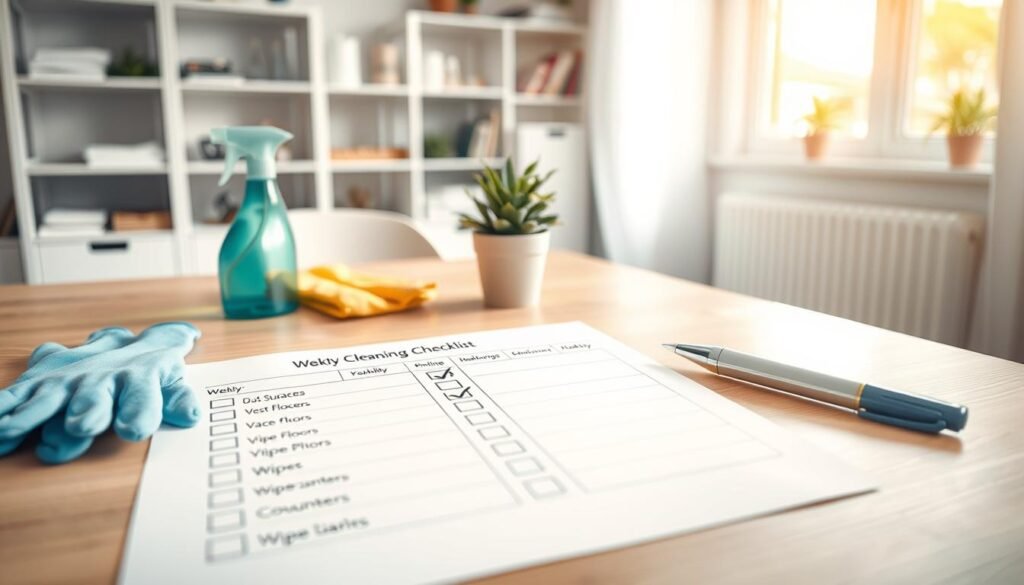 A visually engaging cleaning schedule laid out on a bright wooden table in a well-lit home environment. The foreground features a neatly organized weekly cleaning checklist, with checkboxes next to tasks like "Dust Surfaces," "Vacuum Floors," and "Wipe Counters." A pair of tidy cleaning gloves and a spray bottle sit nearby, enhancing the theme. In the middle ground, a small potted plant adds a touch of greenery, symbolizing freshness and cleanliness. The background showcases a tidy home office setting with shelves and a soft, inviting ambiance created by natural daylight filtering through a window. The overall mood is calm and organized, conveying the idea of a simplified and efficient cleaning routine. A visually engaging cleaning schedule laid out on a bright wooden table in a well-lit home environment. The foreground features a neatly organized weekly cleaning checklist, with checkboxes next to tasks like "Dust Surfaces," "Vacuum Floors," and "Wipe Counters." A pair of tidy cleaning gloves and a spray bottle sit nearby, enhancing the theme. In the middle ground, a small potted plant adds a touch of greenery, symbolizing freshness and cleanliness. The background showcases a tidy home office setting with shelves and a soft, inviting ambiance created by natural daylight filtering through a window. The overall mood is calm and organized, conveying the idea of a simplified and efficient cleaning routine.