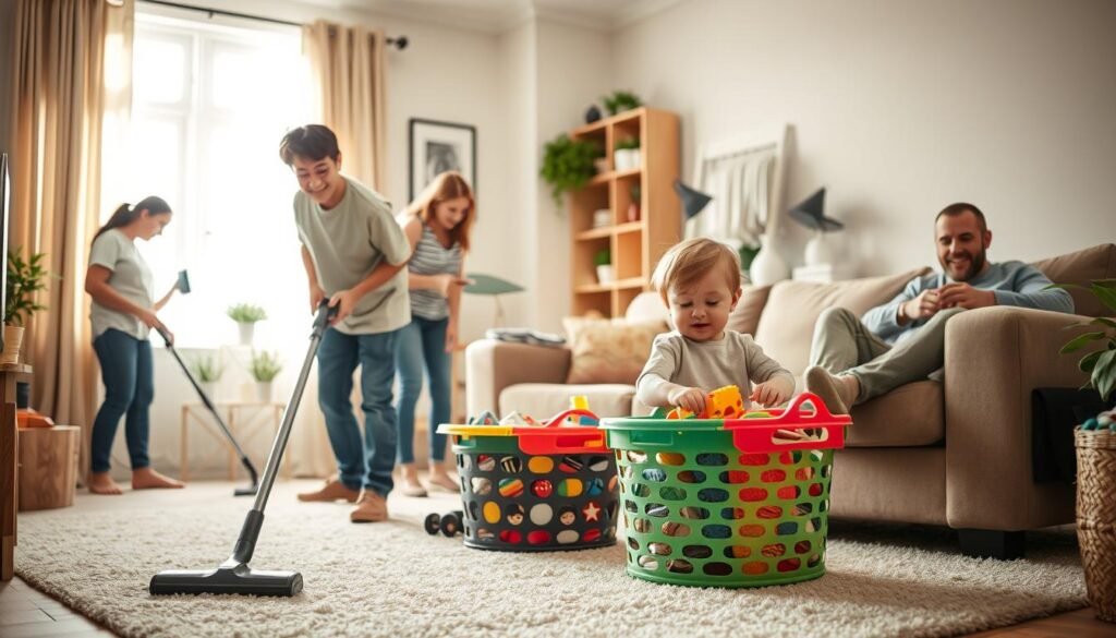 A warm, inviting family living room filled with diverse family members (two adults, a teenager, and a child), all actively engaged in various household chores. In the foreground, the teenage boy is vacuuming the carpet, while the young child is happily organizing toys into a colorful basket. In the middle ground, a woman is dusting furniture, and a man is folding laundry on the couch. The background features bright, natural light streaming through a window, illuminating the space, and a neatly arranged bookshelf and plants. The atmosphere is cheerful and collaborative, highlighting teamwork in creating a clean and organized home environment. The scene captures a sense of togetherness and responsibility, encouraging positive habits.