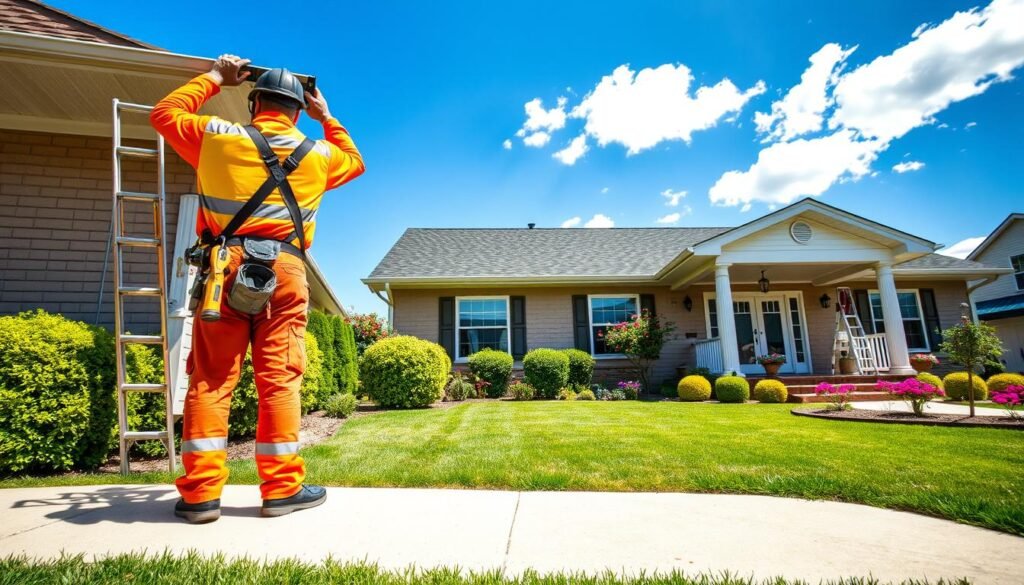 A well-maintained residential exterior scene focusing on essential maintenance tasks. In the foreground, a professional maintenance worker in a brightly colored uniform inspects the roof and gutters, holding tools like a ladder and a wrench. The middle ground features a tidy lawn with trimmed bushes and flower beds, while a freshly painted porch enhances the home’s appeal. In the background, blue skies are dotted with a few white clouds, providing bright natural lighting that creates an inviting atmosphere. The angle is slightly elevated, giving a comprehensive view of the house and its surroundings, capturing the essence of exterior maintenance. The mood is focused and productive, emphasizing the importance of regular upkeep.