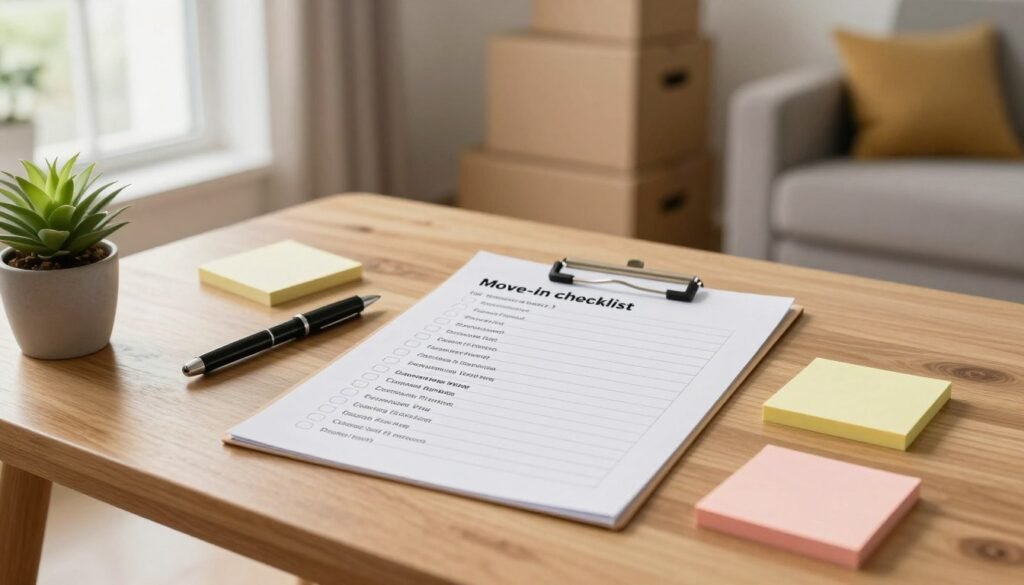 A well-organized and visually appealing apartment move-in checklist displayed on a wooden table, featuring neatly arranged items like a pen, sticky notes, and a potted plant. The checklist is designed with a clean layout, showing sections for essentials, utilities, and packing supplies. In the background, soft natural lighting filters through a window, creating a warm and inviting atmosphere. A cozy living space can be seen with moving boxes stacked in a corner, and a comfortable couch partially in view. The scene should evoke a sense of preparation and calm, suitable for someone embarking on their first apartment journey. The angle focuses on the table, allowing the checklist and items in the foreground to be the stars of the image. A well-organized and visually appealing apartment move-in checklist displayed on a wooden table, featuring neatly arranged items like a pen, sticky notes, and a potted plant. The checklist is designed with a clean layout, showing sections for essentials, utilities, and packing supplies. In the background, soft natural lighting filters through a window, creating a warm and inviting atmosphere. A cozy living space can be seen with moving boxes stacked in a corner, and a comfortable couch partially in view. The scene should evoke a sense of preparation and calm, suitable for someone embarking on their first apartment journey. The angle focuses on the table, allowing the checklist and items in the foreground to be the stars of the image.