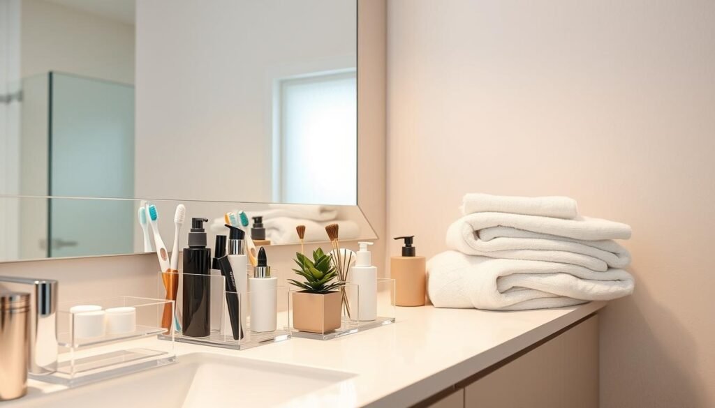 A well-organized bathroom counter scene showcasing efficient storage solutions. In the foreground, a sleek, modern bathroom counter features clear acrylic organizers holding everyday essentials like toothbrushes, toothpaste, skincare products, and cotton swabs. In the middle, a stylish small potted plant adds a touch of greenery, while elegant, neatly arranged towels are folded on one side. The background reveals light-colored walls with subtle texture and a large mirror reflecting the natural light coming in from a frosted window, creating an airy and bright atmosphere. The image captures a seamless blend of functionality and aesthetics, illuminated by soft, warm lighting that highlights the cleanliness and orderliness of the space. The overall mood is calm, inviting, and clutter-free. A well-organized bathroom counter scene showcasing efficient storage solutions. In the foreground, a sleek, modern bathroom counter features clear acrylic organizers holding everyday essentials like toothbrushes, toothpaste, skincare products, and cotton swabs. In the middle, a stylish small potted plant adds a touch of greenery, while elegant, neatly arranged towels are folded on one side. The background reveals light-colored walls with subtle texture and a large mirror reflecting the natural light coming in from a frosted window, creating an airy and bright atmosphere. The image captures a seamless blend of functionality and aesthetics, illuminated by soft, warm lighting that highlights the cleanliness and orderliness of the space. The overall mood is calm, inviting, and clutter-free.