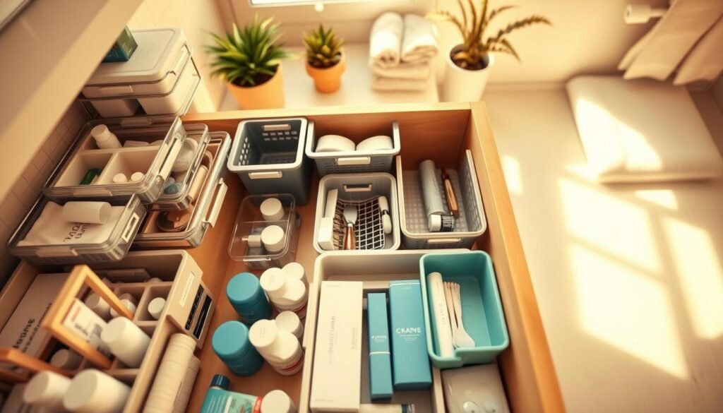 A well-organized bathroom drawer featuring a variety of smart storage solutions, such as labeled dividers, tiered organizers, and small containers for toiletries. The foreground includes neatly arranged items like cotton swabs, dental care products, and skincare essentials, all clearly visible. In the middle, additional organizing tools like pull-out baskets and drawer liners are displayed, showcasing their utility. The background features a softly lit modern bathroom ambiance, with a hint of decorative elements like plants and stylish towels to enhance the overall aesthetic. The scene is illuminated by warm, natural light filtering in, creating a cozy and inviting atmosphere that inspires organization. The angle captures a slightly overhead view, emphasizing the tidy arrangement of the contents without any text or distractions. A well-organized bathroom drawer featuring a variety of smart storage solutions, such as labeled dividers, tiered organizers, and small containers for toiletries. The foreground includes neatly arranged items like cotton swabs, dental care products, and skincare essentials, all clearly visible. In the middle, additional organizing tools like pull-out baskets and drawer liners are displayed, showcasing their utility. The background features a softly lit modern bathroom ambiance, with a hint of decorative elements like plants and stylish towels to enhance the overall aesthetic. The scene is illuminated by warm, natural light filtering in, creating a cozy and inviting atmosphere that inspires organization. The angle captures a slightly overhead view, emphasizing the tidy arrangement of the contents without any text or distractions.