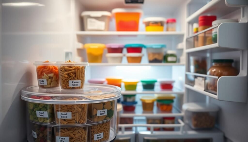 A well-organized fridge interior focusing on managing leftovers and small containers. In the foreground, a lazy Susan is prominently featured, filled with an array of labeled containers holding various leftovers like pasta, salad, and stir-fry. The middle layer showcases neatly arranged shelves, each containing colorful containers of diverse sizes, ensuring easy access. The background shows a well-lit, spacious fridge with a faint glow, emphasizing cleanliness and order. The scene is captured at a slight angle to provide depth, with soft, natural lighting that creates a warm and inviting atmosphere. The overall mood is one of efficiency and tranquility, depicting an ideal fridge organization for maximizing space without clutter. A well-organized fridge interior focusing on managing leftovers and small containers. In the foreground, a lazy Susan is prominently featured, filled with an array of labeled containers holding various leftovers like pasta, salad, and stir-fry. The middle layer showcases neatly arranged shelves, each containing colorful containers of diverse sizes, ensuring easy access. The background shows a well-lit, spacious fridge with a faint glow, emphasizing cleanliness and order. The scene is captured at a slight angle to provide depth, with soft, natural lighting that creates a warm and inviting atmosphere. The overall mood is one of efficiency and tranquility, depicting an ideal fridge organization for maximizing space without clutter.