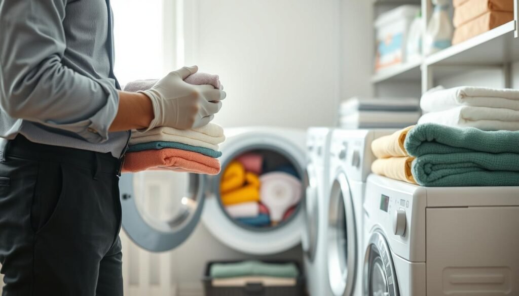 A well-organized laundry room featuring a washing machine and neatly arranged towels in a variety of colors. In the foreground, a person dressed in smart casual attire, wearing gloves, is handling a stack of fresh, clean towels. The middle scene showcases a washing machine with the door open, revealing a colorful load of towels being prepared for washing. In the background, shelves are lined with neatly stacked detergent and fabric softener, giving a sense of cleanliness and order. Soft, natural lighting filters through a nearby window, creating a warm and inviting atmosphere. The angle is slightly tilted, capturing both the person’s actions and the organized laundry space, emphasizing the theme of optimal washing techniques. A well-organized laundry room featuring a washing machine and neatly arranged towels in a variety of colors. In the foreground, a person dressed in smart casual attire, wearing gloves, is handling a stack of fresh, clean towels. The middle scene showcases a washing machine with the door open, revealing a colorful load of towels being prepared for washing. In the background, shelves are lined with neatly stacked detergent and fabric softener, giving a sense of cleanliness and order. Soft, natural lighting filters through a nearby window, creating a warm and inviting atmosphere. The angle is slightly tilted, capturing both the person’s actions and the organized laundry space, emphasizing the theme of optimal washing techniques.