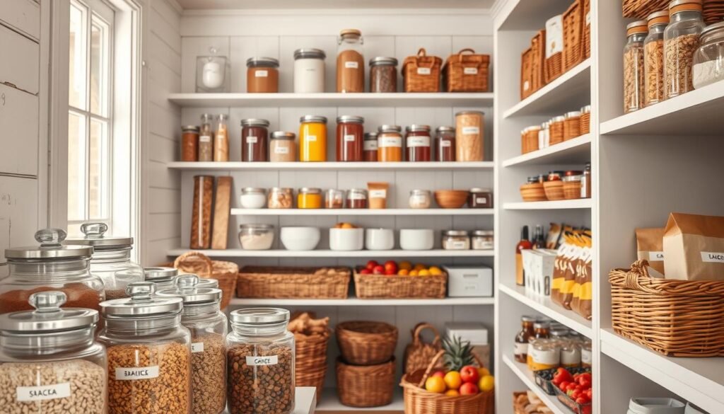 A well-organized pantry featuring an array of stylish storage solutions. In the foreground, clear glass containers filled with colorful grains and spices showcase neat labels, while woven baskets hold fresh fruits and snacks. The middle ground reveals shelves arranged with elegant jars and bins, displaying a cohesive color scheme for aesthetic appeal. The background includes a whitewashed wooden wall, softly illuminated by warm, natural light streaming in from a nearby window, creating a cozy and inviting atmosphere. The camera angle captures the entire layout, emphasizing functionality and design harmony, allowing viewers to envision an ideal pantry setup that maximizes storage while remaining visually pleasing. A well-organized pantry featuring an array of stylish storage solutions. In the foreground, clear glass containers filled with colorful grains and spices showcase neat labels, while woven baskets hold fresh fruits and snacks. The middle ground reveals shelves arranged with elegant jars and bins, displaying a cohesive color scheme for aesthetic appeal. The background includes a whitewashed wooden wall, softly illuminated by warm, natural light streaming in from a nearby window, creating a cozy and inviting atmosphere. The camera angle captures the entire layout, emphasizing functionality and design harmony, allowing viewers to envision an ideal pantry setup that maximizes storage while remaining visually pleasing.