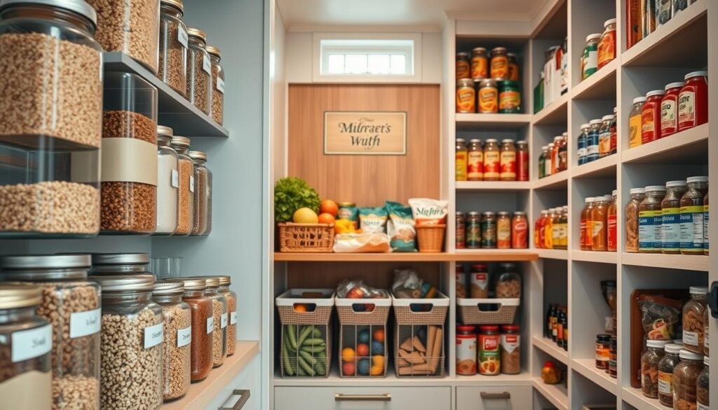 A well-organized pantry showcasing a modern, efficient design. In the foreground, neatly arranged glass jars filled with grains, spices, and snacks, labeled for easy identification. The middle features a wooden shelf with baskets containing fresh produce and packaged goods, all color-coordinated to create a visually appealing layout. The background displays orderly rows of canned goods and a stylishly designed pantry door. Soft, natural lighting filters through a small window, creating a warm, inviting atmosphere. Use a slightly elevated angle for a clear overview of the organization, emphasizing the abundance of space and practicality in this kitchen storage solution, conveying a sense of tranquility and order. A well-organized pantry showcasing a modern, efficient design. In the foreground, neatly arranged glass jars filled with grains, spices, and snacks, labeled for easy identification. The middle features a wooden shelf with baskets containing fresh produce and packaged goods, all color-coordinated to create a visually appealing layout. The background displays orderly rows of canned goods and a stylishly designed pantry door. Soft, natural lighting filters through a small window, creating a warm, inviting atmosphere. Use a slightly elevated angle for a clear overview of the organization, emphasizing the abundance of space and practicality in this kitchen storage solution, conveying a sense of tranquility and order.