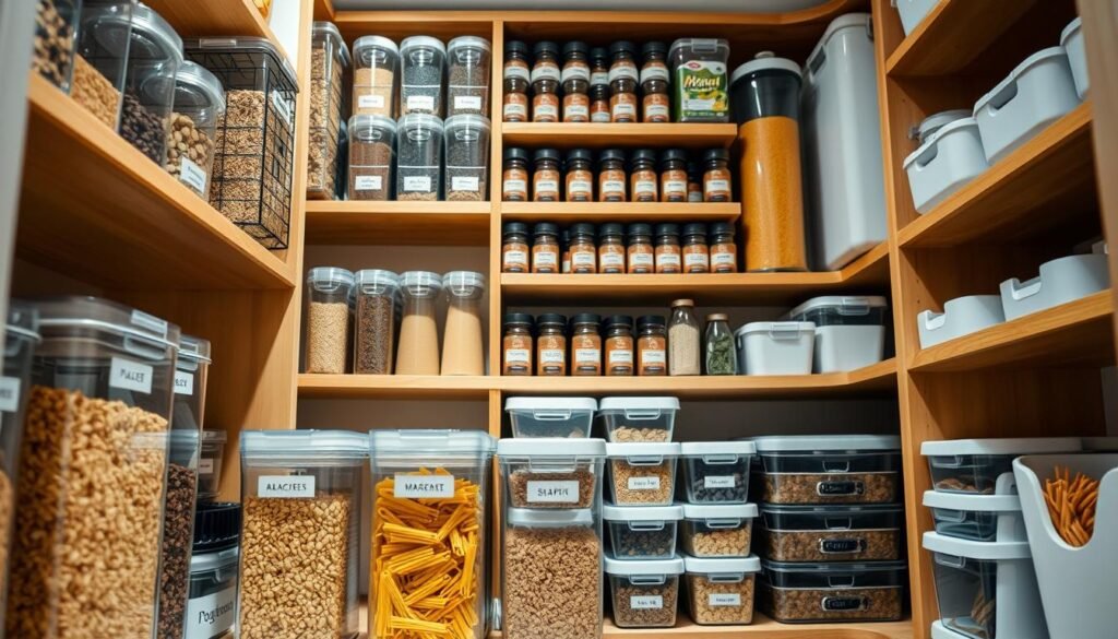 A well-organized pantry showcasing various innovative storage solutions. In the foreground, there are sleek, clear containers filled with grains and pasta, labeled for easy identification. In the middle, wooden shelves are filled with tiered spice racks and stackable bins, maximizing vertical space, all neatly organized. The background reveals soft, ambient lighting illuminating the clean shelves, creating a warm and inviting atmosphere. The angle is slightly above eye level to capture the depth of the pantry while maintaining focus on the organized elements. The overall mood is one of efficiency and tranquility, inspiring viewers to implement similar storage strategies in their own spaces. A well-organized pantry showcasing various innovative storage solutions. In the foreground, there are sleek, clear containers filled with grains and pasta, labeled for easy identification. In the middle, wooden shelves are filled with tiered spice racks and stackable bins, maximizing vertical space, all neatly organized. The background reveals soft, ambient lighting illuminating the clean shelves, creating a warm and inviting atmosphere. The angle is slightly above eye level to capture the depth of the pantry while maintaining focus on the organized elements. The overall mood is one of efficiency and tranquility, inspiring viewers to implement similar storage strategies in their own spaces.