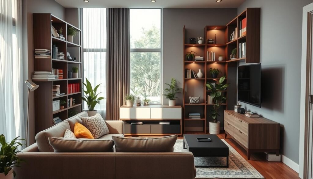 A well-organized small living room layout, showcasing efficient utilization of vertical space. In the foreground, a stylish, compact sofa with neutral upholstery, adorned with colorful throw pillows. The middle ground features tall shelves filled with books, plants, and decorative items, drawing the eye upward. A wall-mounted TV is positioned above a sleek console table, creating an airy feel. In the background, a large window floods the room with natural light, illuminating a cozy corner with a small indoor garden. The overall mood is modern and inviting, with soft, warm lighting enhancing the space. The scene is captured from a slightly elevated angle, giving a clear view of the layout without any people or text elements.