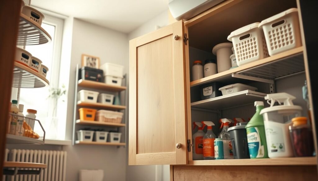 A well-organized under sink storage area in a small apartment kitchen, featuring stylish, safe storage solutions like tiered shelves, labeled baskets, and eco-friendly containers. The foreground shows neatly arranged items, including cleaning supplies, dish soap, and trash bags, all secured away from children. In the middle, a soft wooden cabinet door is slightly open, revealing the clean and tidy organization inside. The background features a light and airy kitchen environment with subtle natural light coming through a nearby window, creating a calm and inviting atmosphere. The lighting is warm and soft, enhancing the feeling of safety and order. The angle is slightly low, providing a view that captures the space effectively without any clutter. No text, labels, or people are included. A well-organized under sink storage area in a small apartment kitchen, featuring stylish, safe storage solutions like tiered shelves, labeled baskets, and eco-friendly containers. The foreground shows neatly arranged items, including cleaning supplies, dish soap, and trash bags, all secured away from children. In the middle, a soft wooden cabinet door is slightly open, revealing the clean and tidy organization inside. The background features a light and airy kitchen environment with subtle natural light coming through a nearby window, creating a calm and inviting atmosphere. The lighting is warm and soft, enhancing the feeling of safety and order. The angle is slightly low, providing a view that captures the space effectively without any clutter. No text, labels, or people are included.