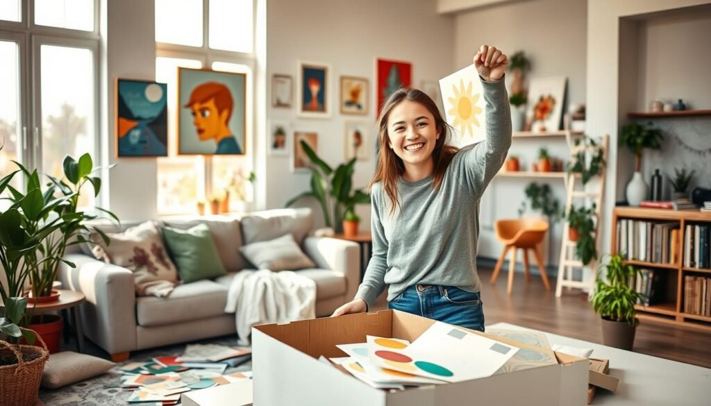 A young adult decorating a new apartment solo, showcasing a cozy living space filled with plants, a comfortable sofa, and a small dining table set against the backdrop of large windows letting in soft, warm daylight. The foreground features the person, dressed in modest casual clothing, hanging colorful artwork on the walls while smiling, surrounded by a variety of budget-friendly decor items like throw pillows and fairy lights. The middle shows half-finished projects, such as an open box of decorative items and scattered paint swatches. In the background are shelves with books and a small kitchen area with potted herbs. The atmosphere is joyful and creative, invoking a sense of independence and personal expression. The lighting is bright yet soft, enhancing the welcoming ambiance. A young adult decorating a new apartment solo, showcasing a cozy living space filled with plants, a comfortable sofa, and a small dining table set against the backdrop of large windows letting in soft, warm daylight. The foreground features the person, dressed in modest casual clothing, hanging colorful artwork on the walls while smiling, surrounded by a variety of budget-friendly decor items like throw pillows and fairy lights. The middle shows half-finished projects, such as an open box of decorative items and scattered paint swatches. In the background are shelves with books and a small kitchen area with potted herbs. The atmosphere is joyful and creative, invoking a sense of independence and personal expression. The lighting is bright yet soft, enhancing the welcoming ambiance.