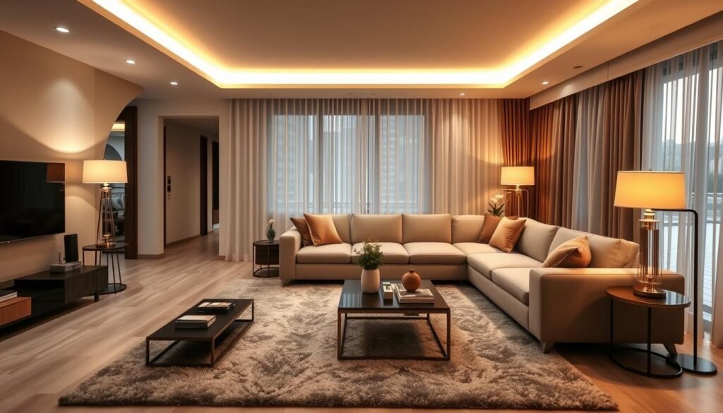 An elegantly designed L-shaped living room featuring modern furniture, showcasing effective lighting options that enhance the layout. In the foreground, a stylish coffee table with decorative items sits atop a plush area rug. The middle ground features a cozy sectional couch with soft cushions, positioned to encourage conversation, illuminated by warm ambient lighting. Floor lamps with soft shades cast a gentle glow, while recessed ceiling lights provide clear illumination. In the background, a large window allows natural light to stream in, highlighted by sheer curtains. The color palette incorporates neutral tones with pops of vibrant accents, creating a welcoming atmosphere. The overall mood is inviting and harmonious, emphasizing a well-designed flow within the space. An elegantly designed L-shaped living room featuring modern furniture, showcasing effective lighting options that enhance the layout. In the foreground, a stylish coffee table with decorative items sits atop a plush area rug. The middle ground features a cozy sectional couch with soft cushions, positioned to encourage conversation, illuminated by warm ambient lighting. Floor lamps with soft shades cast a gentle glow, while recessed ceiling lights provide clear illumination. In the background, a large window allows natural light to stream in, highlighted by sheer curtains. The color palette incorporates neutral tones with pops of vibrant accents, creating a welcoming atmosphere. The overall mood is inviting and harmonious, emphasizing a well-designed flow within the space.