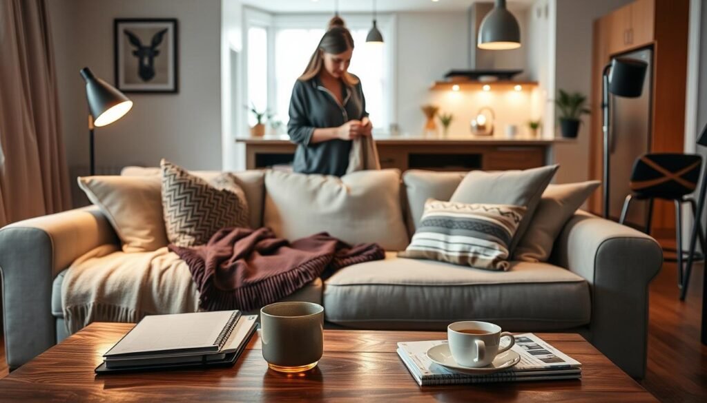 An inviting living room scene showcasing an evening reset ritual for a stress-free morning. In the foreground, a cozy, neatly arranged sofa adorned with soft cushions and a decorative throw. A coffee table in front holds a planner and a steaming cup of herbal tea, suggesting relaxation. In the middle, a person wearing comfortable yet stylish loungewear is gently organizing items around the room, including placing books on a shelf and folding a blanket. Soft, warm lighting from a nearby floor lamp creates a calm atmosphere, casting gentle shadows. In the background, a tidy kitchen is visible, with sparkling countertops and plants adding touches of greenery. The mood is serene and inviting, emphasizing the theme of home comfort and preparation for the next day. An inviting living room scene showcasing an evening reset ritual for a stress-free morning. In the foreground, a cozy, neatly arranged sofa adorned with soft cushions and a decorative throw. A coffee table in front holds a planner and a steaming cup of herbal tea, suggesting relaxation. In the middle, a person wearing comfortable yet stylish loungewear is gently organizing items around the room, including placing books on a shelf and folding a blanket. Soft, warm lighting from a nearby floor lamp creates a calm atmosphere, casting gentle shadows. In the background, a tidy kitchen is visible, with sparkling countertops and plants adding touches of greenery. The mood is serene and inviting, emphasizing the theme of home comfort and preparation for the next day.