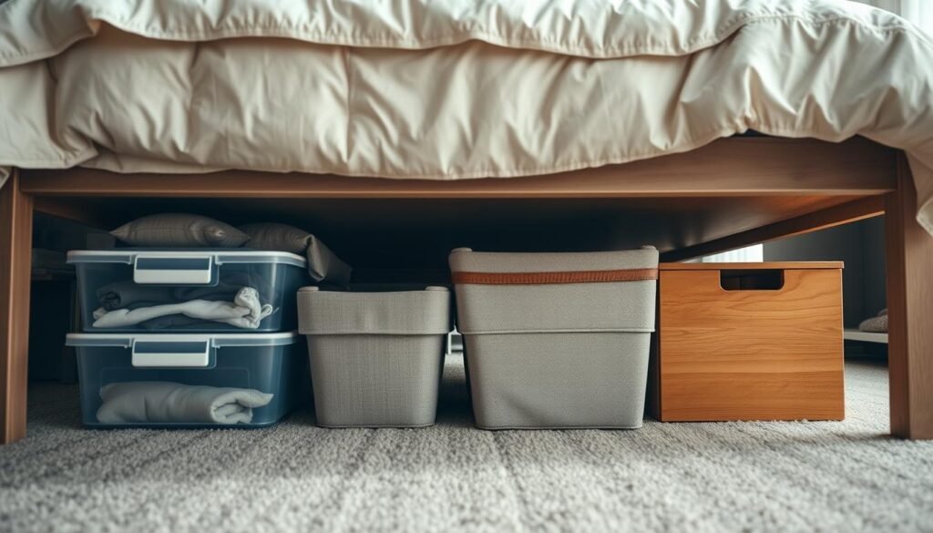 Under bed storage containers in a well-organized bedroom setup, featuring a variety of storage solutions such as clear plastic bins, fabric boxes, and wooden drawers. The foreground includes neatly stacked containers partially visible beneath a neatly made bed with a soft duvet and decorative pillows. In the middle, the focus is on the containers showcasing their functionality and versatility, with labels indicating measurements. The background reveals a cozy, well-lit room, with soft natural light filtering through sheer curtains, creating a warm atmosphere. The angle is slightly above ground, capturing the depth under the bed while emphasizing the storage options available. The mood is inviting and practical, perfect for illustrating smart space-saving solutions. Under bed storage containers in a well-organized bedroom setup, featuring a variety of storage solutions such as clear plastic bins, fabric boxes, and wooden drawers. The foreground includes neatly stacked containers partially visible beneath a neatly made bed with a soft duvet and decorative pillows. In the middle, the focus is on the containers showcasing their functionality and versatility, with labels indicating measurements. The background reveals a cozy, well-lit room, with soft natural light filtering through sheer curtains, creating a warm atmosphere. The angle is slightly above ground, capturing the depth under the bed while emphasizing the storage options available. The mood is inviting and practical, perfect for illustrating smart space-saving solutions.
